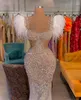 Sexy Mermaid Prom Dresses Sleeveless Bateau Feather 3D Lace Hollow Appliques Sequins Beaded Floor Length Celebrity Formal Evening Dresses Plus Size Custom Made