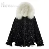 Mulheres jaquetas gola de pele falsa lantejoulas mulheres casaco forro de inverno com fluff moda feminina parkas jaqueta 230203