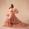 Vêtements de nuit pour femmes A-ligne à volants en tulle longues robes de maternité femmes élégantes épaules dénudées à volants plissés robes de soirée grande taille