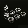 Cluster-Ringe 7 teile/satz Ankunft Blume Edelstein Geschnitzte Ring Set Antik Silber Überzogene Vintage Böhmischen Türkischen Mode Frauen Zubehör Otxrc