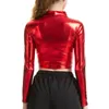 Women's T-Shirt Womens Metallic Shiny Long Sleeve Crop Top Ladies Fashion Glossy Solid Color Mock Neck T-shirt Club Pole Dance Rave Bar Costume 230202