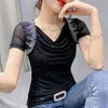 Women's T Shirts 2023 Summer V-Neck Short Sleeve Mesh Top Female Sexy Drilling Women M-3XL Plus Size Clothing