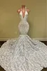 Gorgeous White Lace prom Dresses with 3D Flowers Sexy Halter neck Backless Ruched Long Evening Gowns BC15020