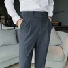 Herren Hosen Britischen Stil Herbst Feste Hohe Taille Hose Männer Formale Qualität Slim Fit Business Casual Anzug Hommes 230203