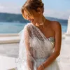 Hochzeitskleid Strand A-Linie Pailletten Applikationen Boho Vestidos De Novia One-Shoulder-Knöpfe Eleganter Tüll Sweep Zug Brautkleid