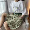 女性のショートパンツ女性夏の格子縞の弾性ウエスト膝の長さカジュアルシックルーズ2xl快適な韓国スタイルプレッピーワイドレッグ新しいオールマッチY2302