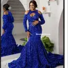 Royal Blue Mermaid Prom Evening Dresses Glitter Sequined Long Sleeves Dress Lace Side Split Party Gowns