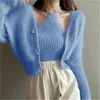 Women's Knits Halter Knitted Cardigan Sexy Off Shoulder High Waist Short Tops Autumn Winter Mink Fleece Sweater Korean Casual Two Piece Sets