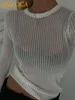 女性のTシャツファッションホワイトエレガントなストライプスルースルーレディーストップス衣装長袖TシャツTEESスキニークラブパーティー服230202