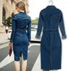 Casual Dresses 2023 Fashion Women Denim Dress Office Ladies Slim Jeans Mid With Belt For Sexy Jean Bodycon Vestidos Mujer