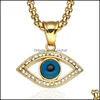 Pendanthalsband 316L Rostfritt st￥l M￤n isade ut Blue Eye of God With Zircon Fashion Long Chain Hip Hop Jewelry Luckyhat Drop Del Dhhd9