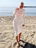 Casual Dresses Women Autumn Dress Long Sleeve Plain Color Crochet Hollow-Out Boat Neck Slim-Fit Ladies Backless Sexy Beach Outfit