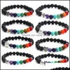 Beaded Strands Fashion Natural Black Lava Stone Beads Bracelets For Men Buddha Head Tree Of Life Charm 7 Reiki Chakras Beaded Yoga Ott7X