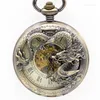 Pocket Watches Retro Bronze Fashion Mens Dragon Carving Hollow Transparent Roman Numeral Analog Mechanical Fob For Gift