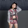 Roupas Conjuntos de 414 anos Girls Pink Sequin Crop Tops Shorts Jaqueta Dança Traje Hip Hop Modern Jazz Dance Stage Performance Wear 230203