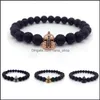 Beaded Strands Trendy Ball Black Lava Stone Bead Armband Pave Cz King Crown and Hj￤lm Charm Armband f￶r m￤n Kvinnor Luxury Jewelr Ototl