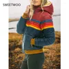 여성 트렌치 코트 겨울 가을 여성 짧은 코트 따뜻한 아우터 파카 모자 레인보우 자켓 스트라이프 스플 라이스 퍼퍼 파카