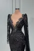 Vintage Black Lace Mermaid Evening Dresses with White Beads Sheer Deep V neck Long Sleeve Appliques Occasion Party Gowns Prom Vestidos BC14999