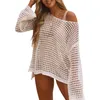 Menas de banho feminina Hirigin Women's Hollow Out biquíni Cover ups Sexy Manga longa do ombro See através de Crochet Beach Swiming Tops