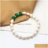 Beaded Handmade Freshwater Ctured White Rice Pearl Strand Bracelet Oval Shape With Three Round Gemstones Stretched Bangle For Women Dhke2