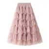 Röcke Rosa Tutu Tüll Rock Frauen Plissee Mode Kuchen Hohe Taille Lange Kawaii Sommer Casual Damen Maxi