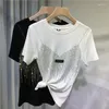 Kadın Tişörtleri 4xl Artı Beden Şık Yaz Pırlanta Kısa Kollu Gömlek Kadınlar için Sıradan Düz Renk O Boyun T-Shirt Bayanlar Sokak Giyim Tees Top