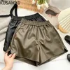 Women's Shorts KUSAHIKI PU Leather Elastic High Waist Wide Leg Women 2022 Autumn Winter New Bottoms Korean Causal Fashion Short Y2302