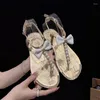 Sandals Women Summer 2023 Ladies Luxury String Bead Design Sandal Female Beach Open Toe Flat Bow Flip Flops Buckle Strap