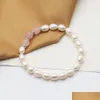 Bärda handgjorda sötvatten Ctured White Rice Pearl Strand Armband Oval Shape med tre runda ädelstenar sträckta armband för kvinnor DHKE2