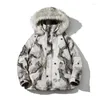 Men's Down Winter Hooded Cotton-padded Jacket Tide Brand Loose Ink Painting Printing Retro Big Fur Collar Padded JacketA5779