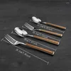 Dinnerware Sets 4pcs/set Long Handle Dinner Spoon Fork Stainless Steel Teaspoon Dessert Forks Imitation Wood Set Kitchen Flatware