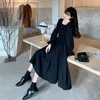 Casual Dresses 2023 Autumn Ladies Retro kläder Chic Korean Black Dress Women French Elegant Square Collar Long Sleeve Midi