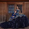 Charro Abiti Quinceanera blu ricamati Treno staccabile A strati Spalle scoperte Fiocco sul retro Corsetto 15 Ragazze Party Prom Ball Gown