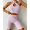 Tute da donna Abbigliamento da yoga per donna Set Reggiseno allacciato al collo Top senza maniche corto Pantaloncini Tuta senza cuciture Palestra Fitness Skinny Articoli sportivi femminili