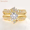 Solitaire Ring Newshe Amarelo/Rose Gold 925 Sterling Silver Engagement Conjunto para Mulheres Melhor Enhancer Banda de Banda de Alta graça Jóias Y2302