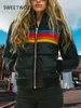 Trench femme manteaux hiver automne femmes manteau court vêtements d'extérieur chauds Parkas chapeau arc-en-ciel veste rayure épissage bouffant Parka