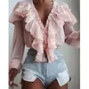 Womens Blouses Shirts Summer Women Elegant Chiffon Shirt Female Stylish Flounce Top Solid Color VNeck Sun protection longsleeved fairy Blouse 230203