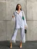 Kvinnors tvåbitar byxor Clablive Causal White Home Suit Women Spring Elegant Loose Shirt Set Female Fashion Feather Spliced ​​Trouser Suits 230203