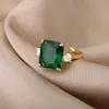 Solitaire Ring Big Green Zircon Square Stone S för kvinnor Rostfritt stål Justerbart fest Estetiska punk smycken gåva Y2302