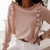 Женские блузки оборки декор женские рубашка на спине кнопки с кожей.