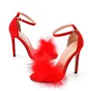 Queen Fluffy Sandals Toe Summer Peep Women Crystal Stilettos High Heels Pur Feather Lady Wedding Shoes Large Size 42 230203 165