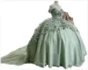 Mint Green Floral Lace Handgjorda blommor quinceanera klänningar Lace-up korsett från axelskivor för söt 15 flickor festklänning