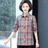 Women's Blouses 2023 Three Quarter Sleeve Shirt Women Turn Down Collar Basic Casual Cotton Plaid OL Work Loose Blouse Tops