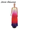 カジュアルドレス2023 Elagant Party Maxi Long Dress Women Backless Embroidery Halter Gradient Boho Bridesmaids Robe