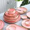 Plates Pink With Gold Inlay Ceramic Set Nordic Style Serving Dishes For Dinner Luxurious Porcelain Dinnerware