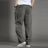 Mäns byxor 2023 Herrlast Bomullsmän Pocket Löst rak Pant Elastic Work Trousers Brand Fit Joggers Male Super Large Si319N