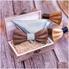 Bow Ties Bridegroom Wooden Tie Set For Mens Suit Handkerchief Bowtie Brooches Wedding Cravate Homme Noeud Papillon Corbatas Giftbow Dhngn