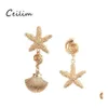 Pendientes colgantes de concha asimétrica bohemia para mujer, declaración de fiesta, estrella de mar, Color dorado, Metal, verano, novia, joyería D Otgop