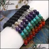 Brins de perles mode naturel perles de pierre de lave noire bracelets pour hommes tête de bouddha arbre de vie charme 7 chakras reiki yoga perlé Ott7X