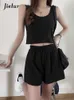 Kvinnors shorts Jielur Stylish Women Two Pieces Set Loose Khaki Gray Black Tank Top Sports 2022 New Summer Elastic Midje bredben Y2302